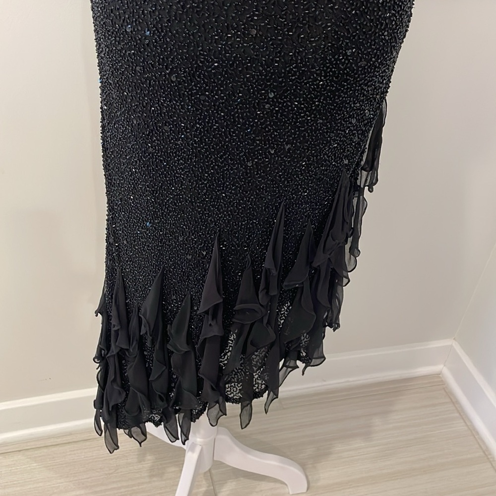 White House Black Market Black Beaded 100% Silk Asymmetrical Cocktail Dress - Picture 5 of 11